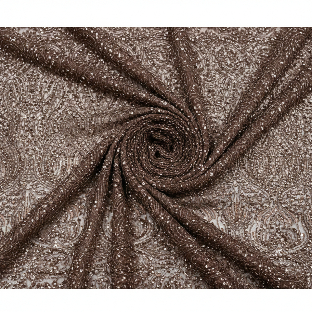 Brown Sequin Embroidered Lace Fabric