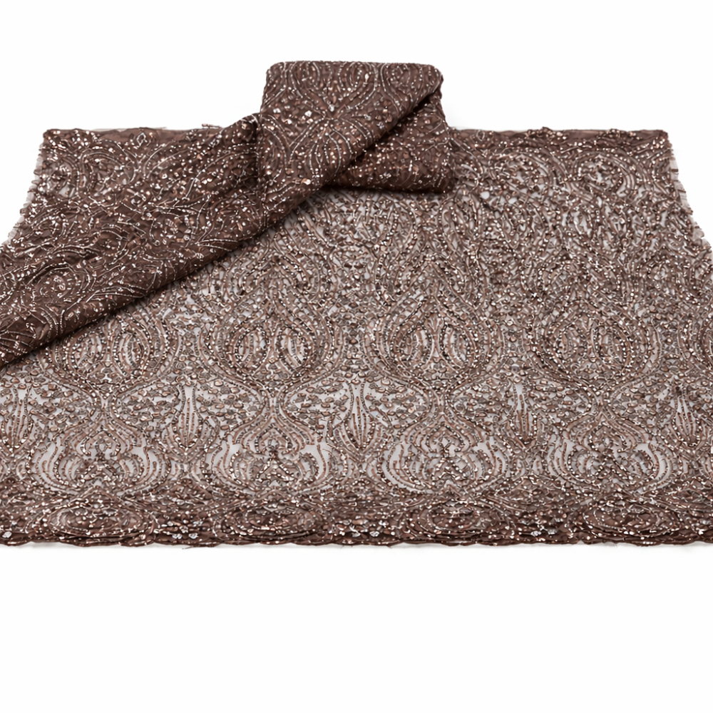 Brown Sequin Embroidered Lace Fabric