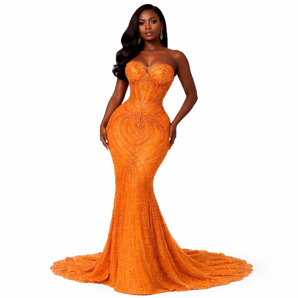 Luxury Orange Beaded Lace Fabric