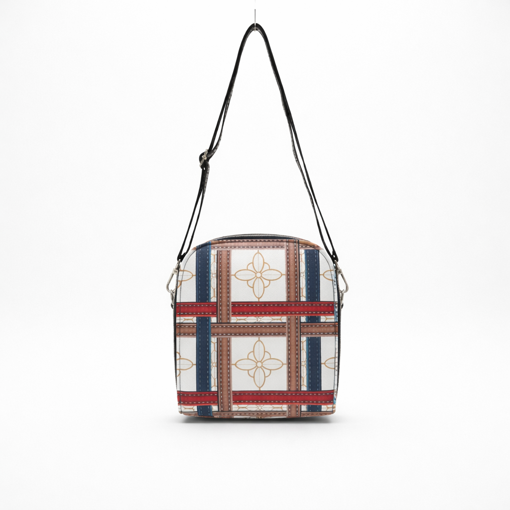 Compact Crossbody Bag with Multicolored Pattern and Gold Tone Emblem