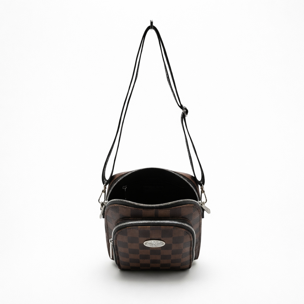 Compact brown Checkered Crossbody Bag with Adjustable Strap