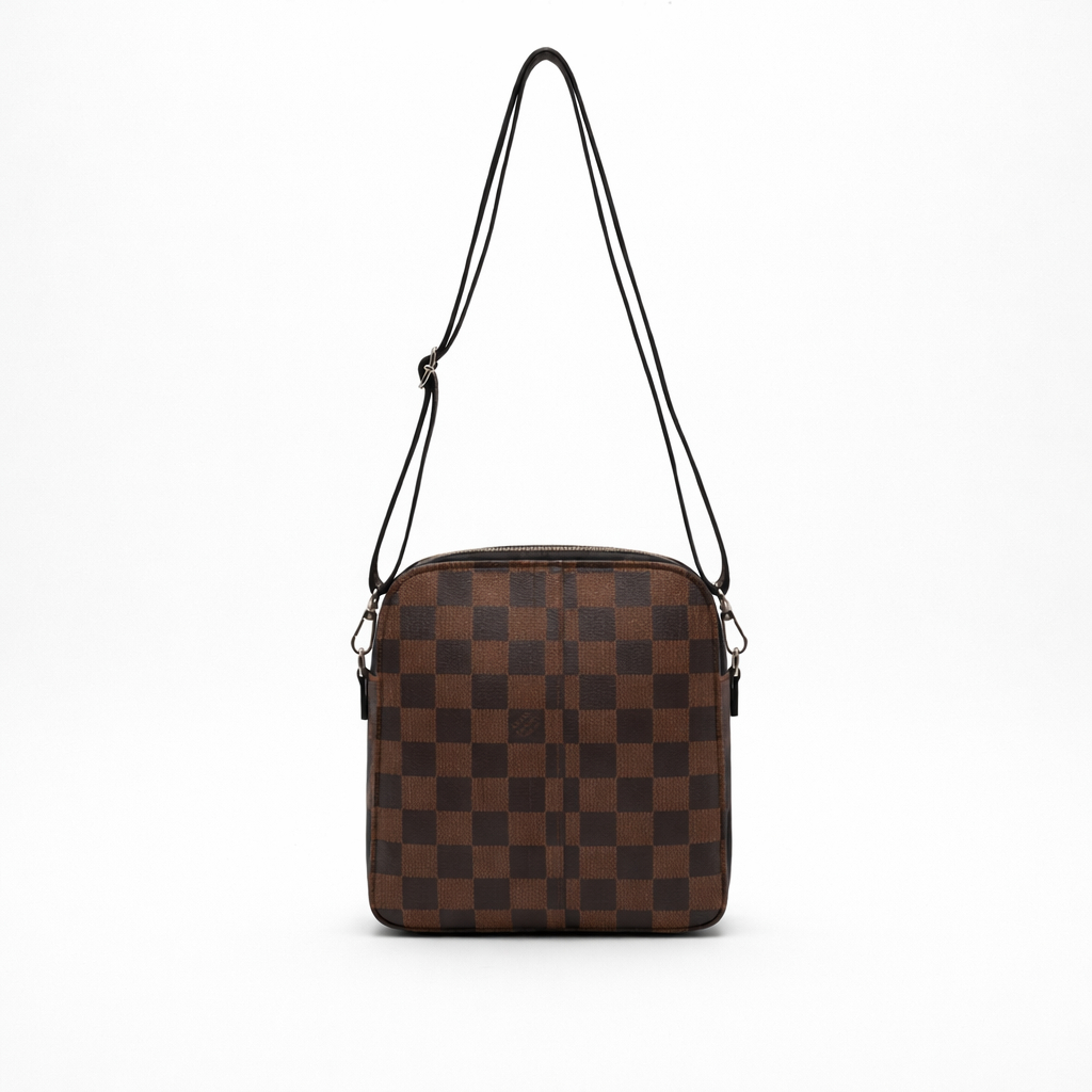 Compact brown Checkered Crossbody Bag with Adjustable Strap