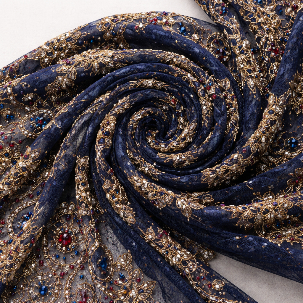 Heavy Embroidered Beaded Net Lace Fabric with Ornamental Motifs
