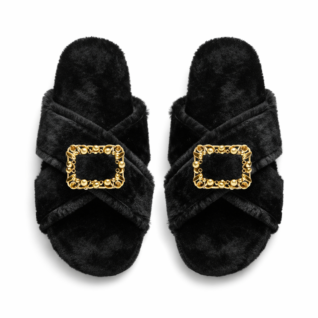 Stylish Black Plush Slippers with Crisscross Straps and Gold Buckle