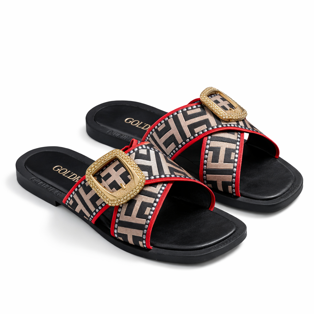 Quality Women Patterned Slip On Sandals with Gold Buckle