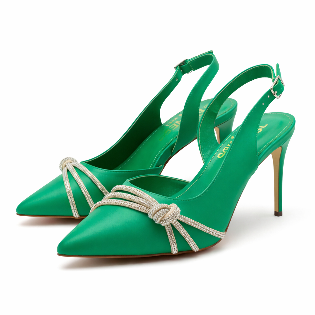 Women Green Slingback Heels with Silver Bow Detail