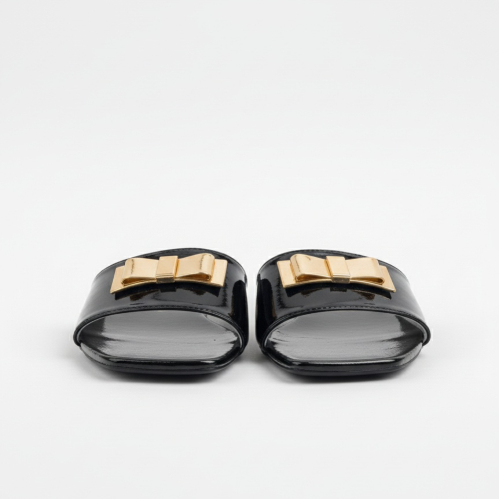 Women Flat Open Toe Slides with Glossy Finish and Metal Accent