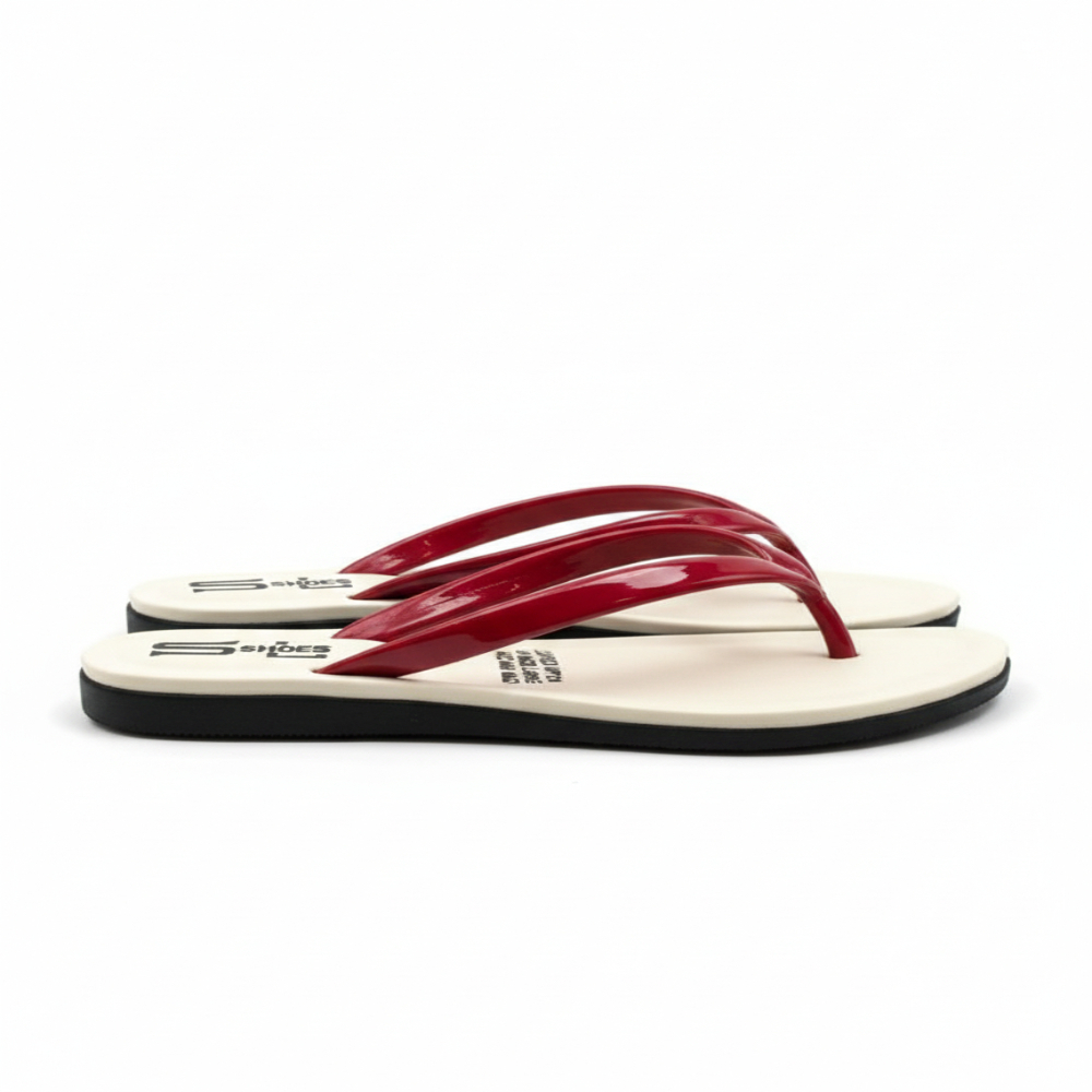 Women Flat Thong Sandals with Glossy Red Strap