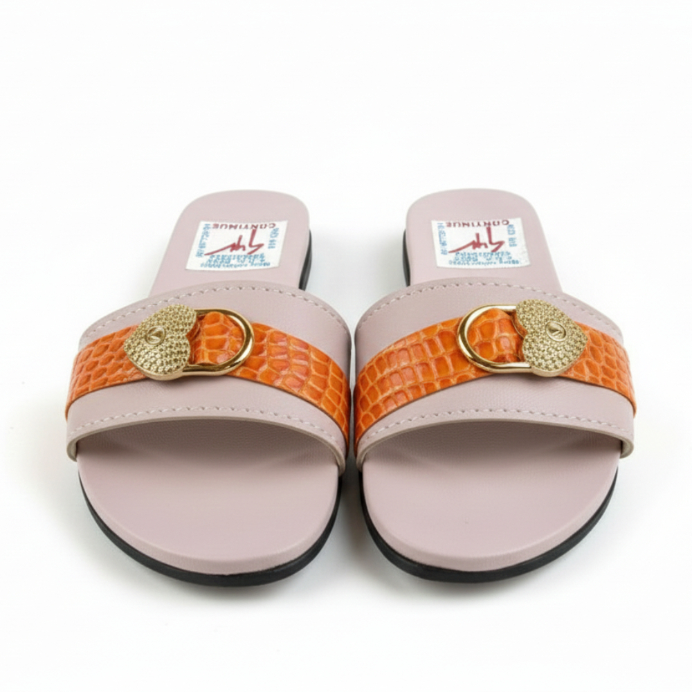 Womens Flat Slide Sandals with Textured Accent Strap