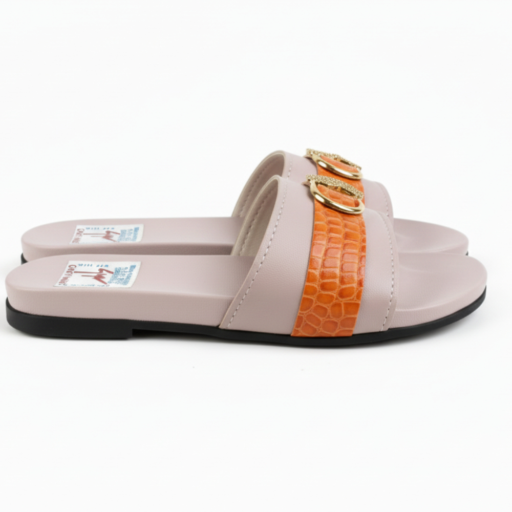 Womens Flat Slide Sandals with Textured Accent Strap