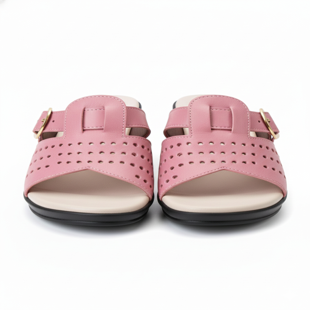Women Wedge Slide Sandals with Perforated Strap and Buckle Detail