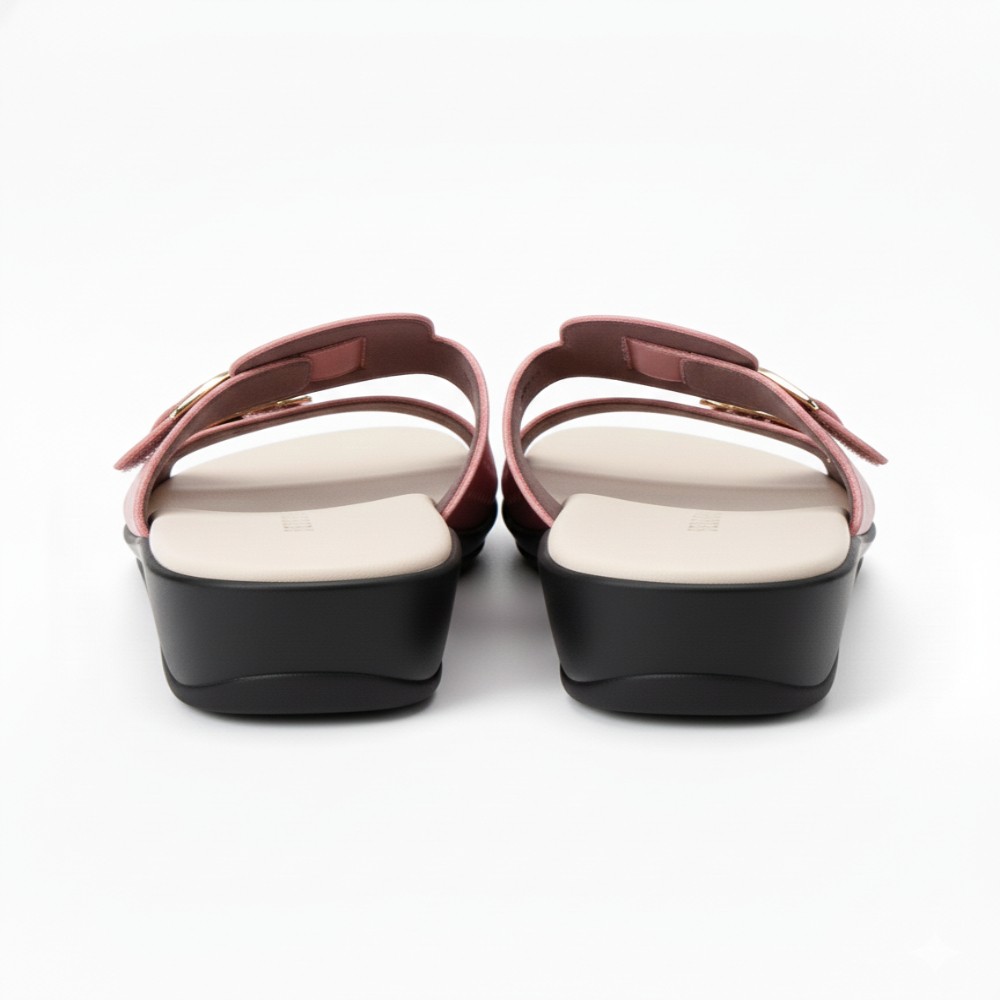 Women Wedge Slide Sandals with Perforated Strap and Buckle Detail