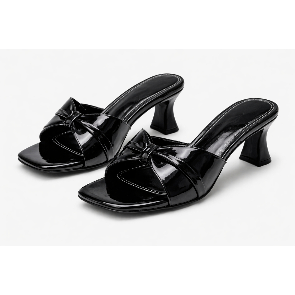 Glossy Black OpenToe Block Heel Mule Sandals