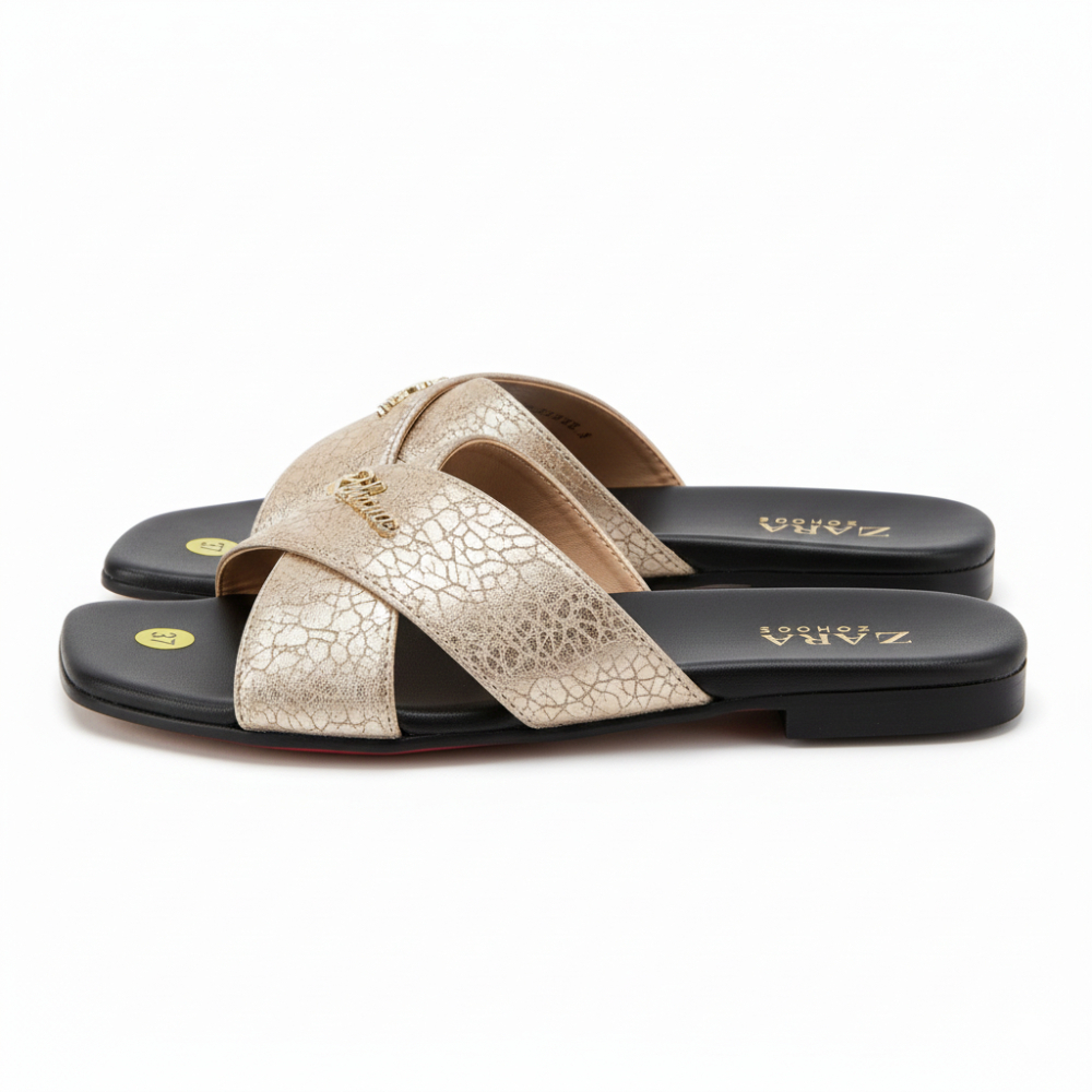 Women Metallic Crossy Strap Flat Slide Sandals