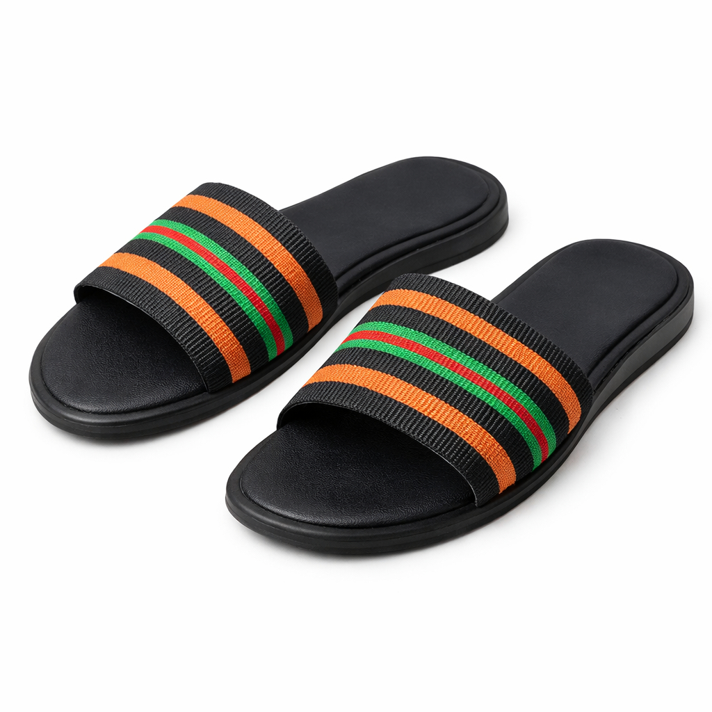 Multicolor Striped Fabric strap Slide Sandals with Cushioned Foot bed