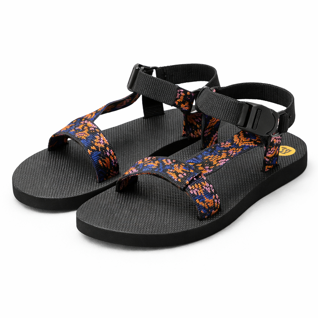 Patterned Strap Flat Sandals with Adjustable Buckle