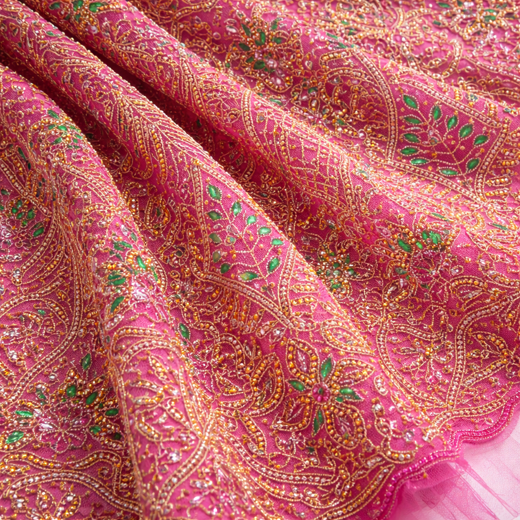 Embroidered Sheer Mesh Fabric with Beaded Feather Pattern