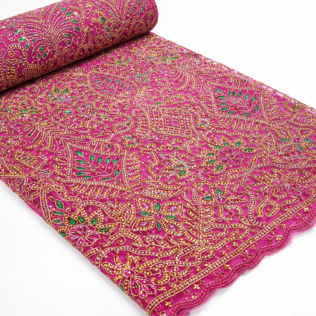 Embroidered Sheer Mesh Fabric with Beaded Feather Pattern