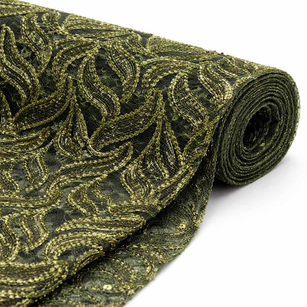 Quality Green Beaded Embroidered Lace Fabric