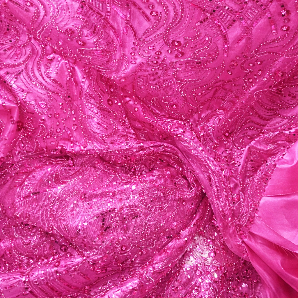 Quality Pink Beaded Embroidered Fabric