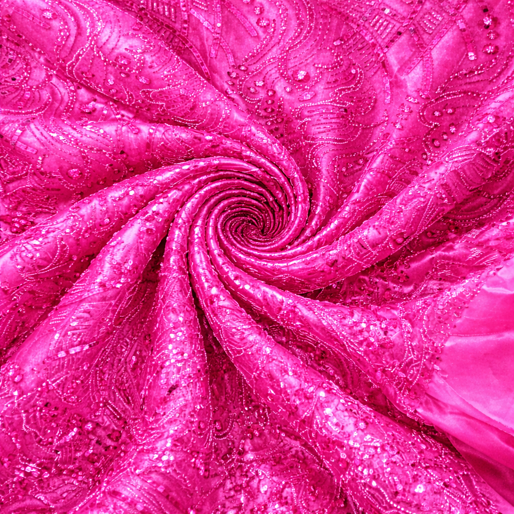 Quality Pink Beaded Embroidered Fabric