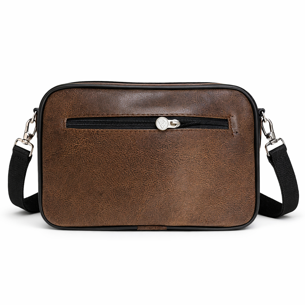 Compact Brown Faux Leather Crossbody Bag with Adjustable Strap