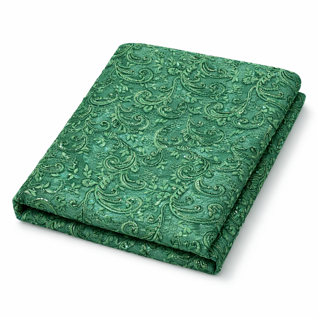 Elegant green embroidered lace fabric