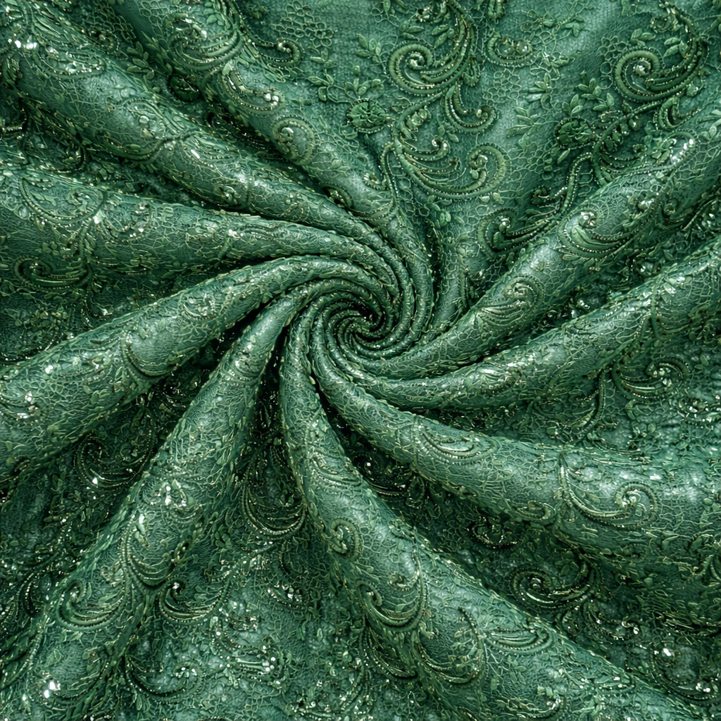 Elegant green embroidered lace fabric