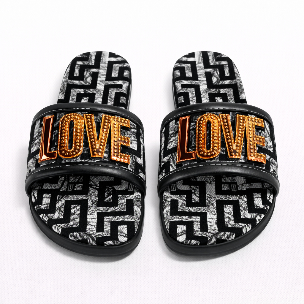 Stylish Slide Sandal with Geometric Pattern and Gold Love Embellishment