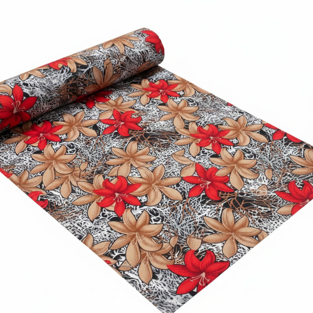 Tropical Red Floral and Tan Leaf Print vintage fabric