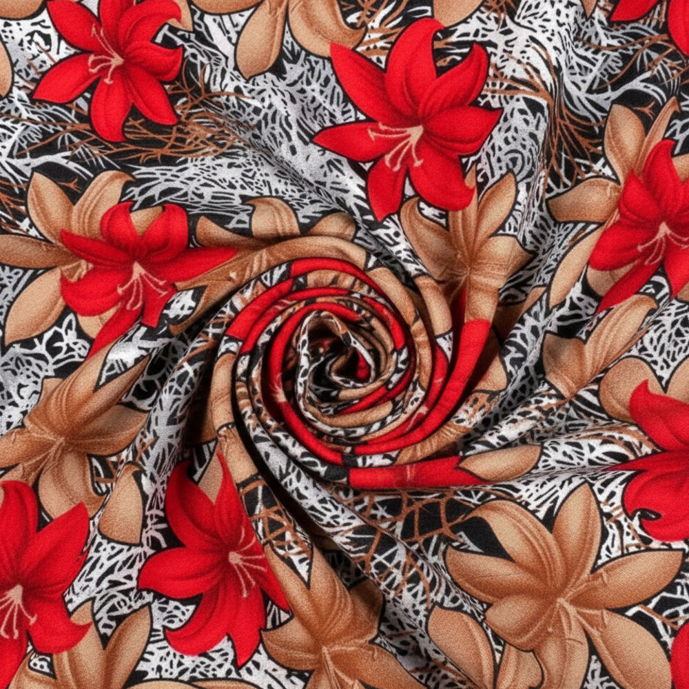 Tropical Red Floral and Tan Leaf Print vintage fabric