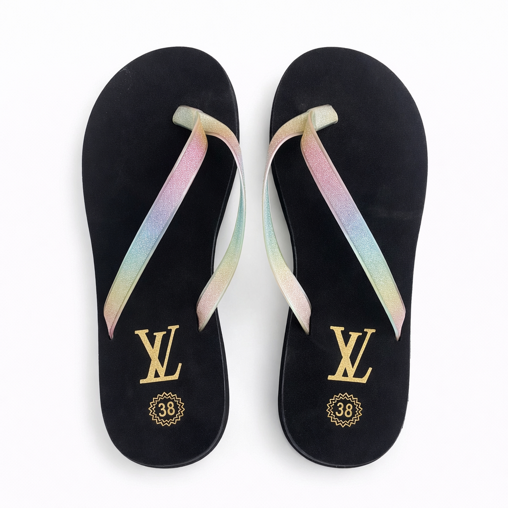 Stylish Flip Flops with Iridescent Straps and Black Sole