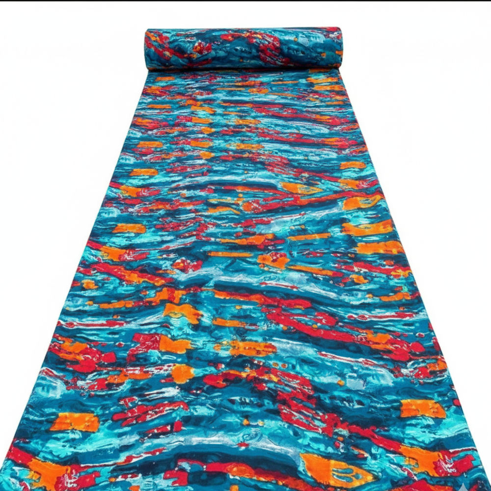 Vibrant Teal and Crimson Abstract Multi Tonal Fabric