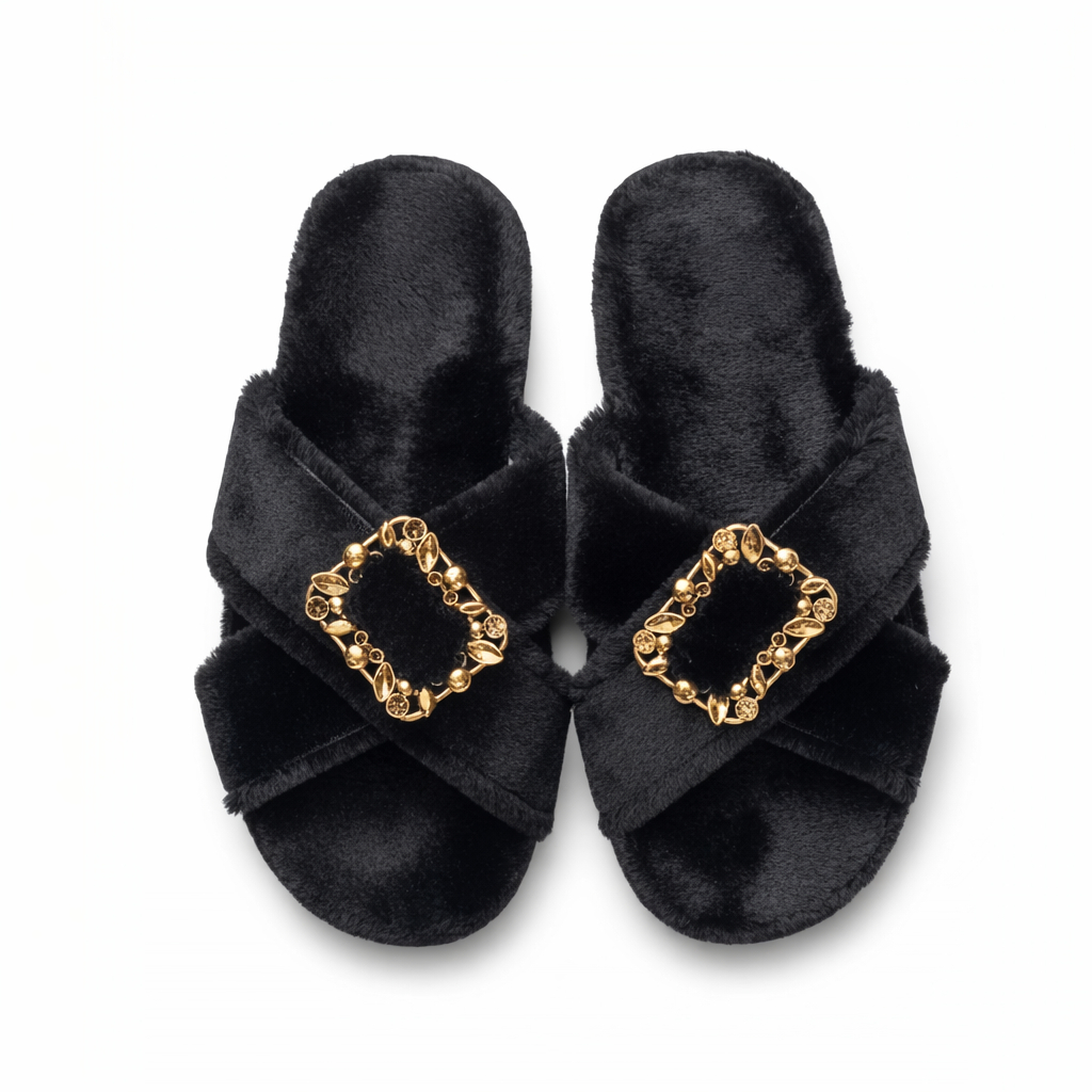 Women Black Plush Slippers with Crisscross Strap and Gold Buckle