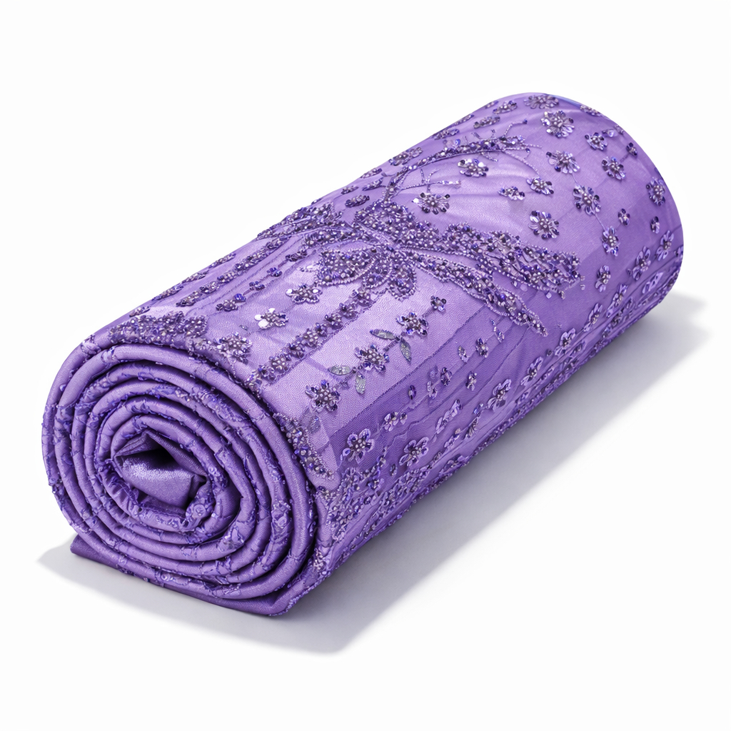 Quality Purple Beaded Lace Fabric
