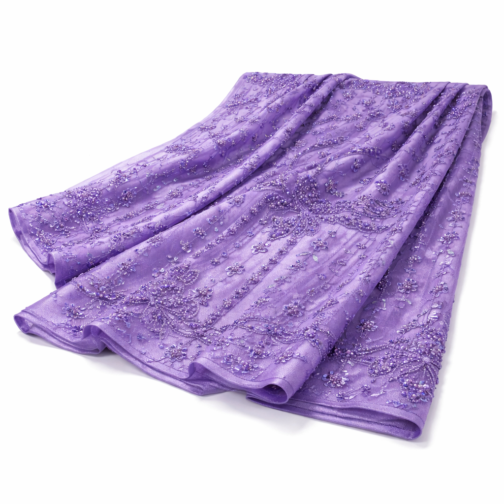 Quality Purple Beaded Lace Fabric