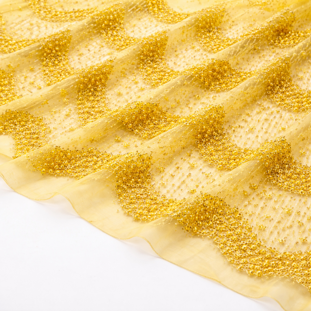 Quality Sheer Beaded Lace Fabric with Scalloped Pattern
