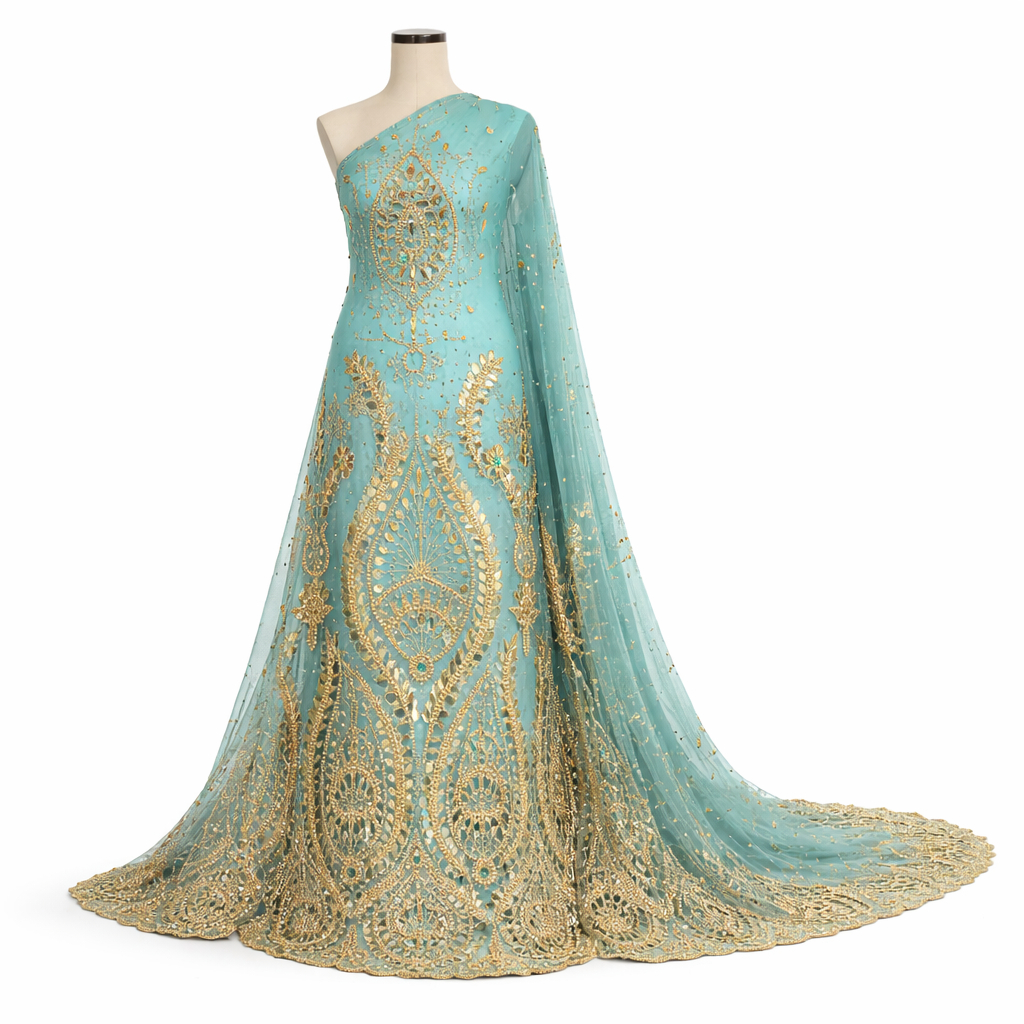 Luxury Ocean Blue Indian George lace With Gold Design