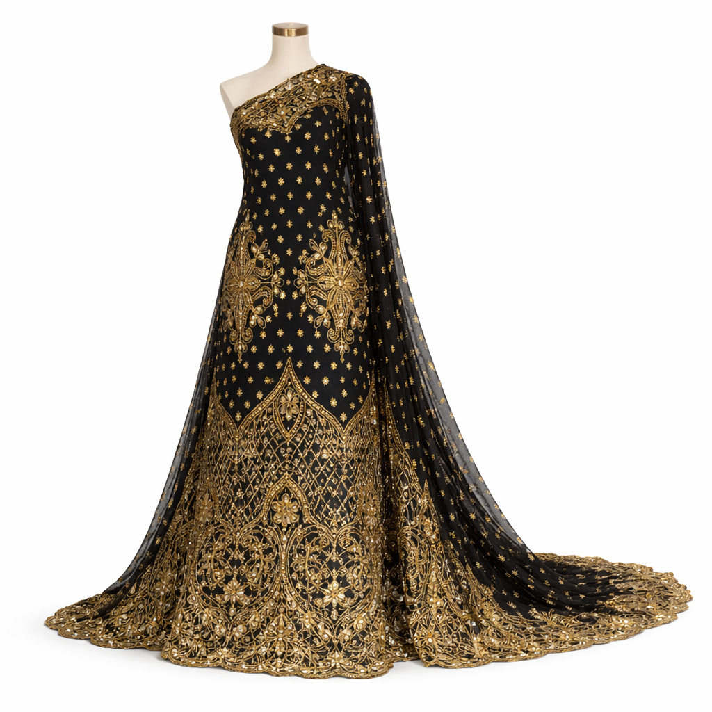 Quality Black with gold embroidery Indian George lace fabric