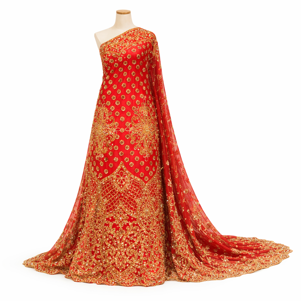 Luxury Red  with gold embroidery Indian George lace fabric
