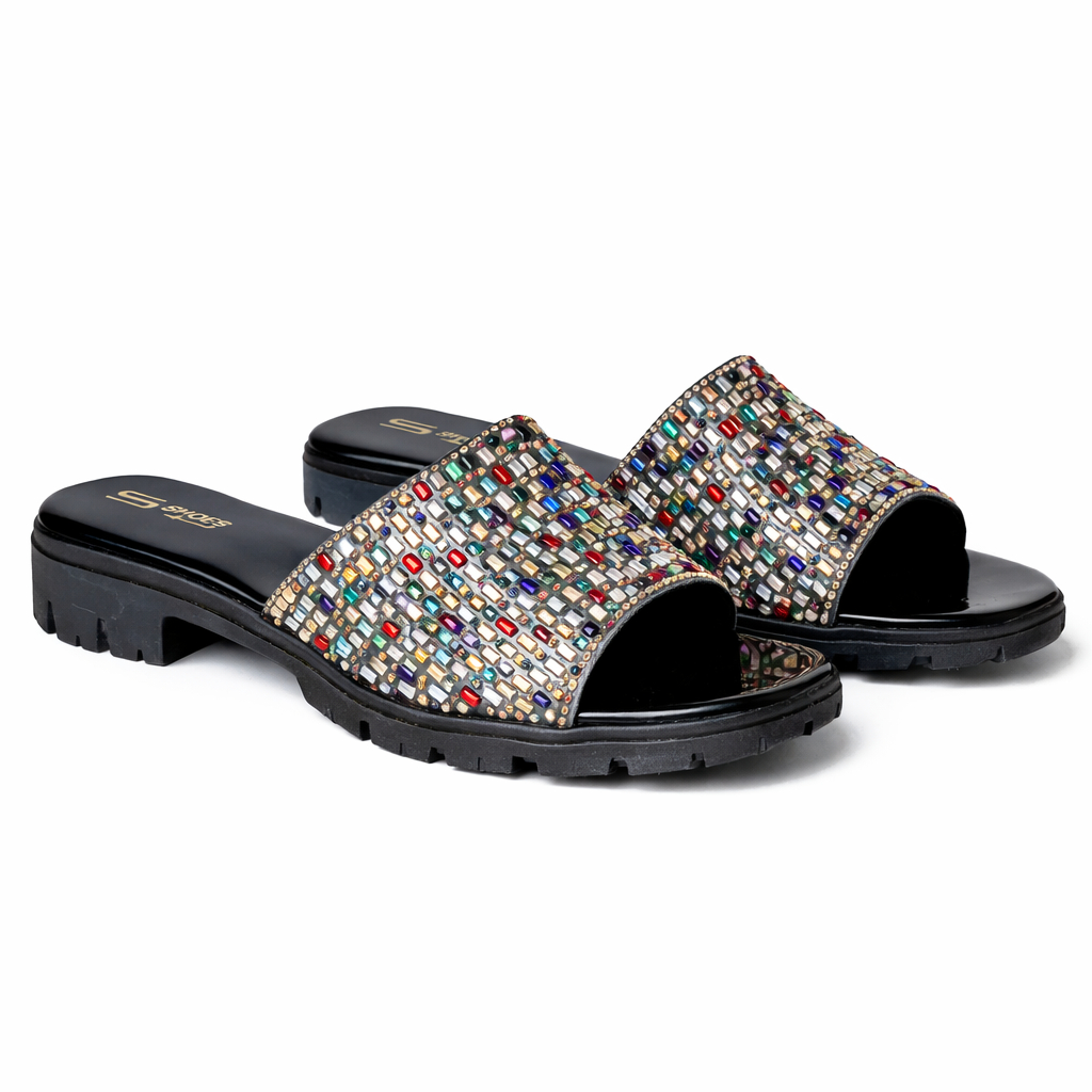 Multicolor Crystal Embellished Flat Slide Sandals