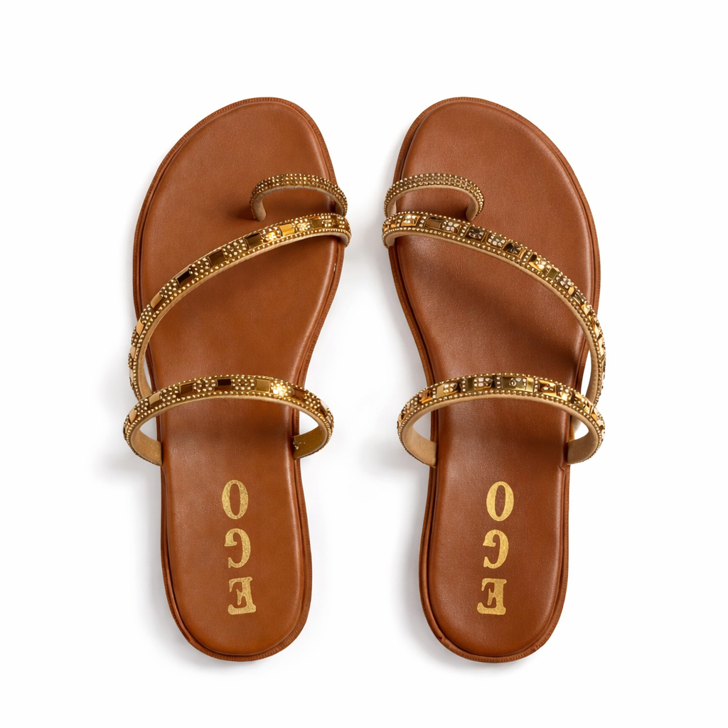 Crystal Double Strap Flat Sandals with Black Footbed