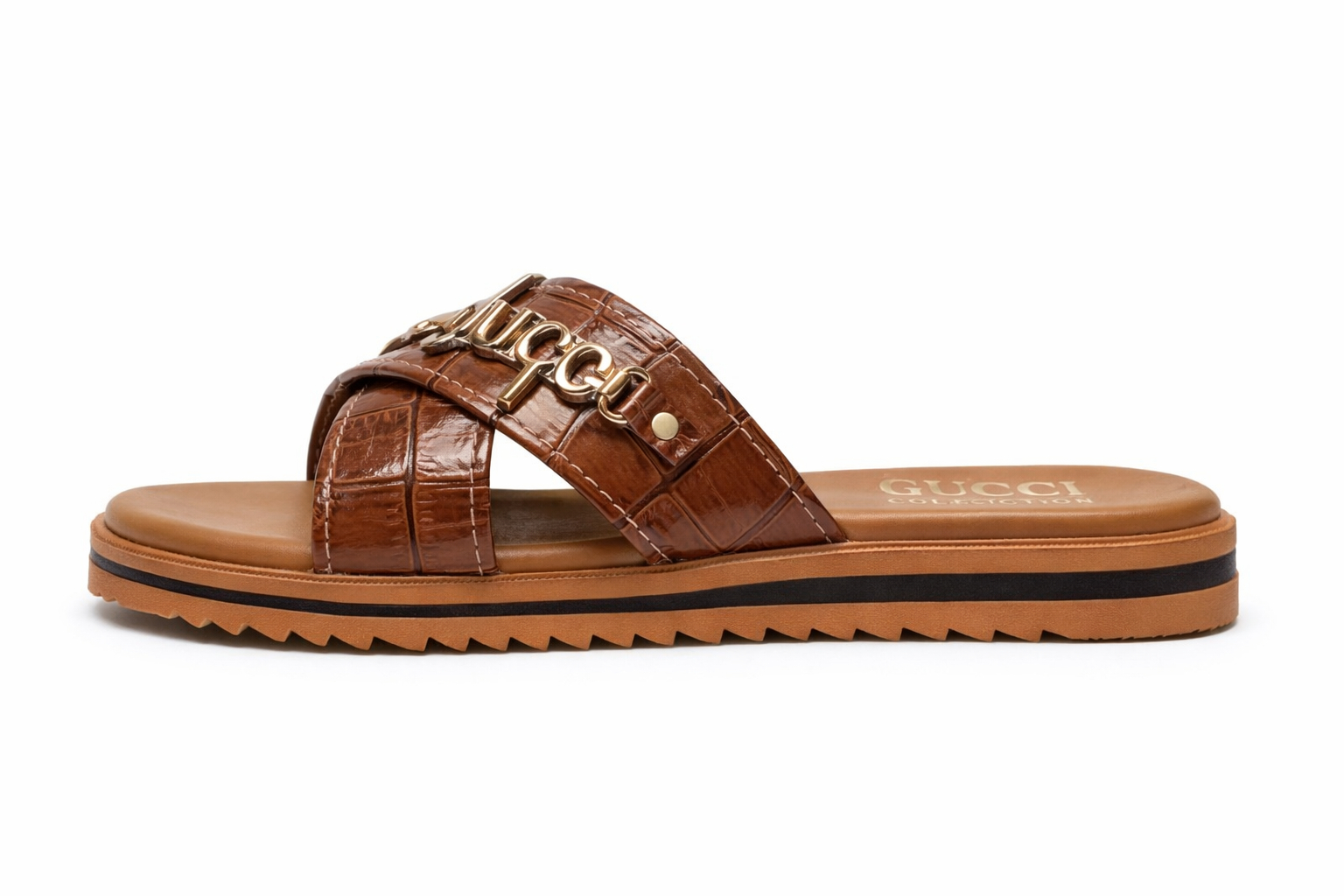 Brown Croc Texture Flat Slide Sandals with Gold Letter Detail