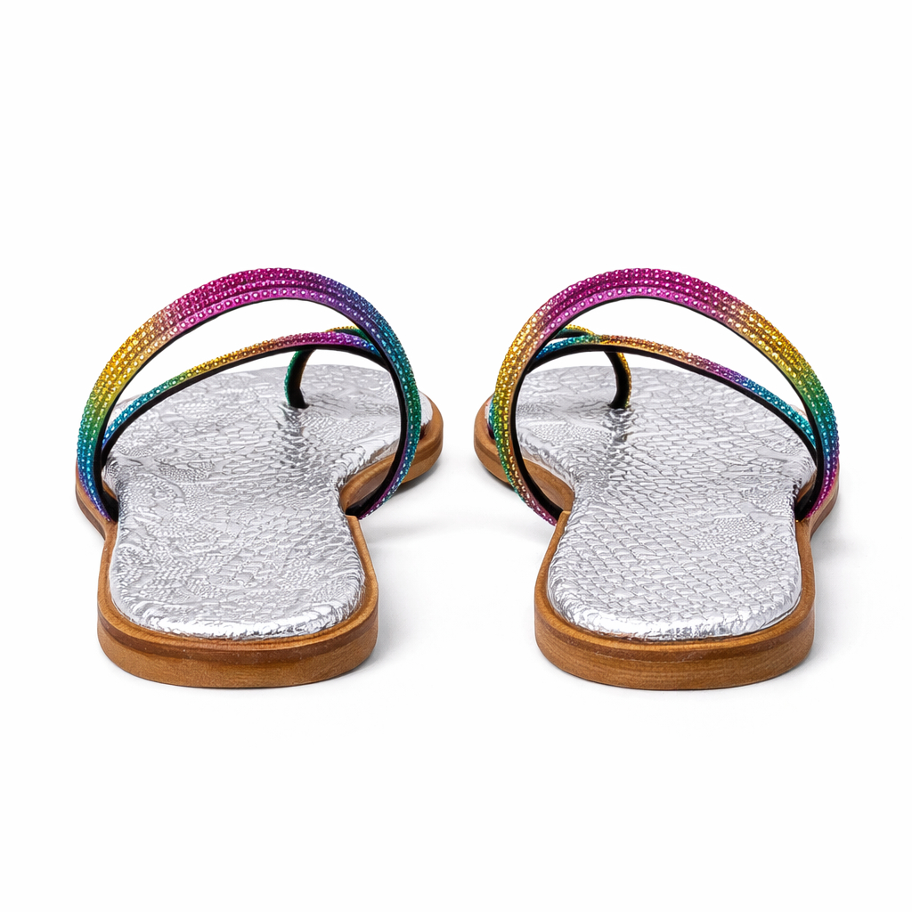 Rainbow Crystal Strap Flat Sandals with Textured Silver Footbed