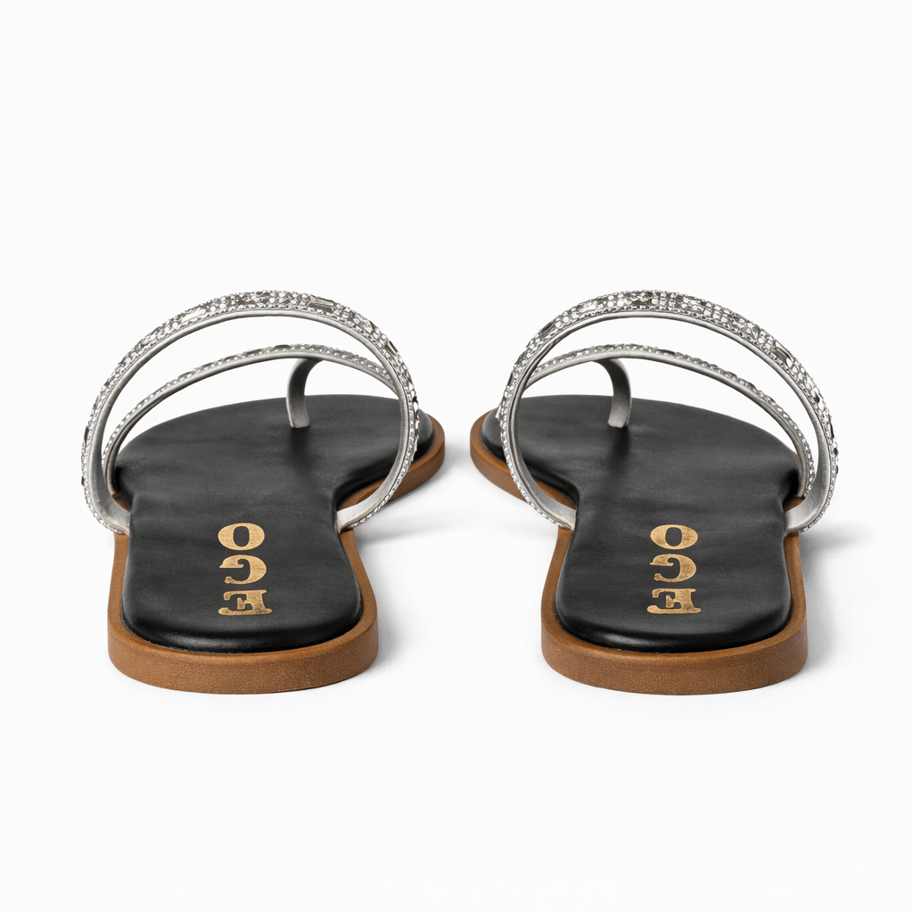 Crystal Double Strap Flat Sandals with Black Footbed