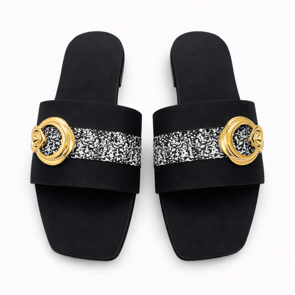 Stylish Flat black Sandals with Gold Embellishments