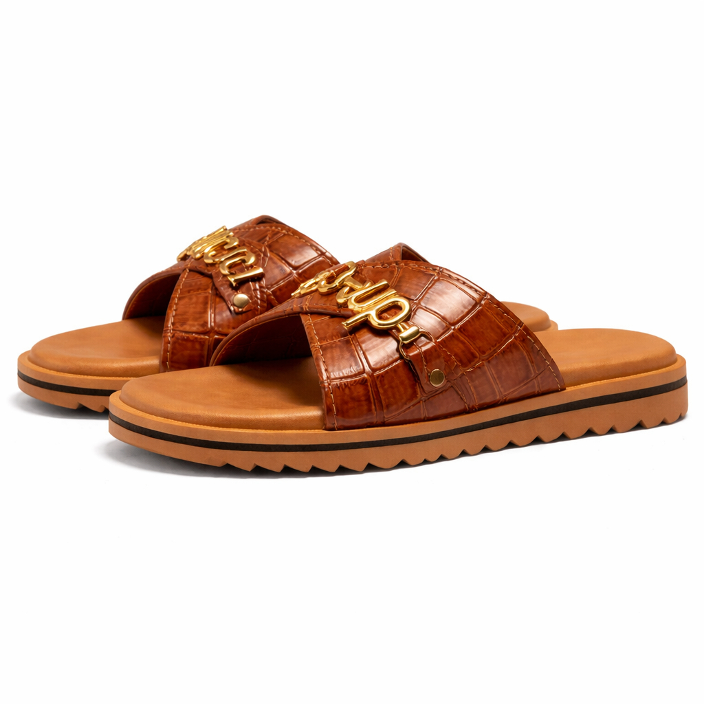 Brown Croc Texture Flat Slide Sandals with Gold Letter Detail