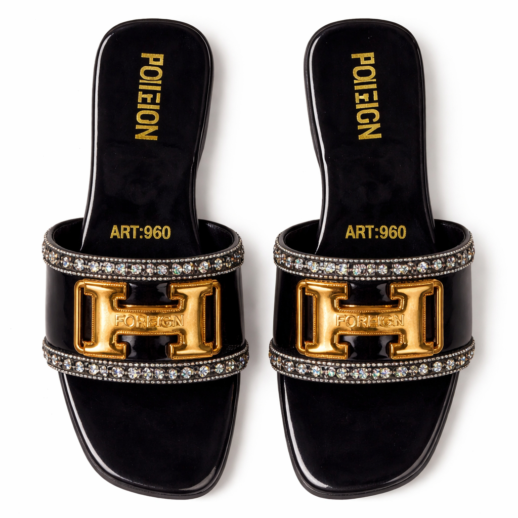 Quality black Embellished Buckle Strap Flat Slide Sandals