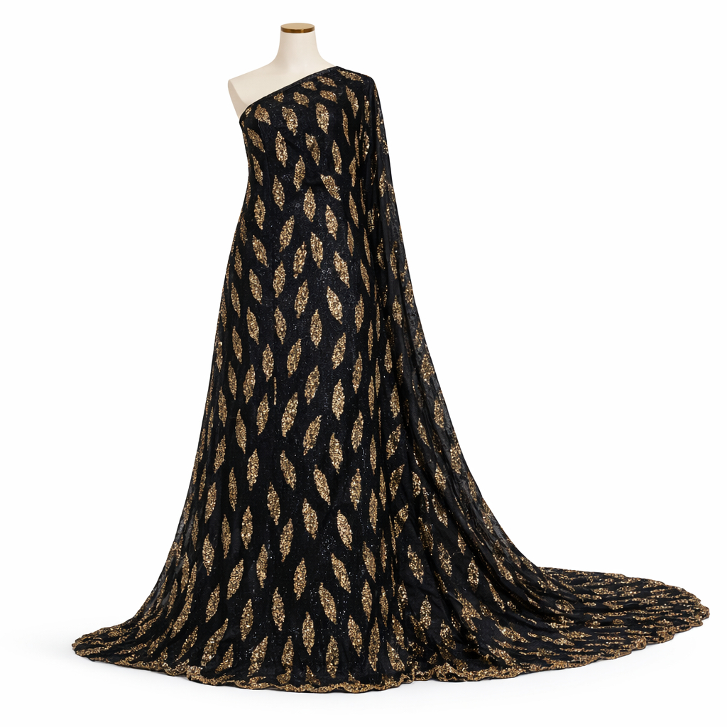 Quality Black Sequin Embellished Fabric with Abstract Leaf Pattern