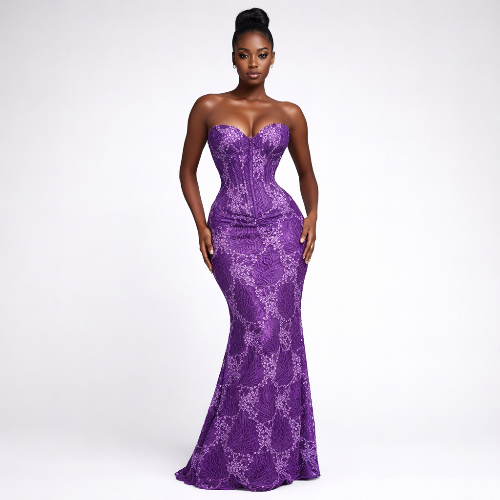 Luxury royal Purple Embroidered Lace Fabric with Floral Pattern